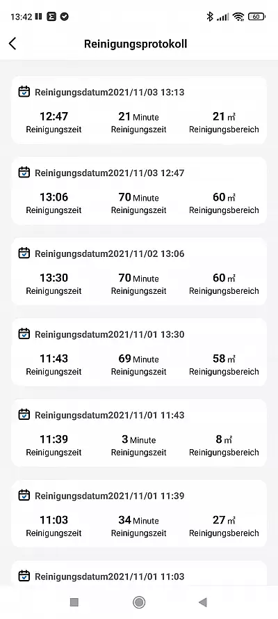 Reinigungslog der Ultenic App