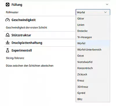 Cura Optionen - Infill Füllung in Cura